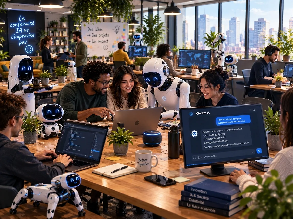 Illustration : un espace de travail ouvert où des personnes travaillent avec des robots et des assistants IA, sous une enseigne lumineuse qui reprend la phrase « La conformité IA ne s'improvise pas » et un tableau blanc « Des idées, Des projets, Un impact ».