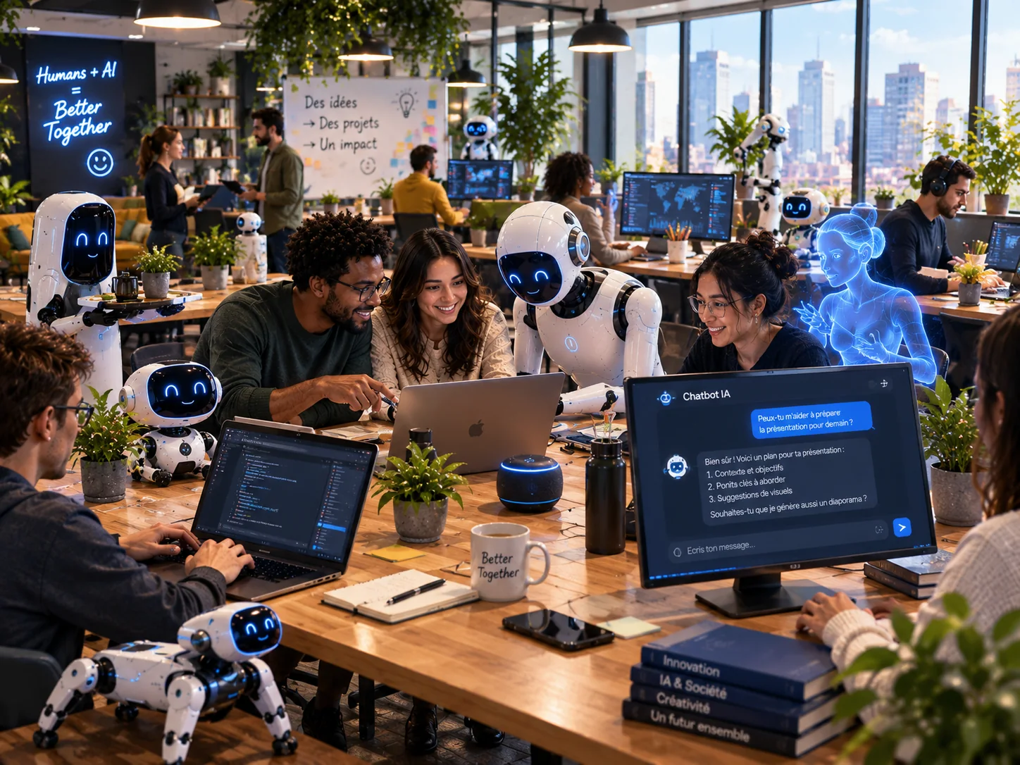 Illustration : un espace de travail ouvert où des personnes travaillent avec des robots et des assistants IA, sous une enseigne lumineuse « Humans + AI = Better Together » et un tableau blanc « Des idées, Des projets, Un impact ».